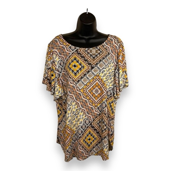 MEDIUM RUBY RD TRIBAL GEOMETRIC TOP SHORT SLEEVE ORANGE GOLDEN YELLOW BOHO - Picture 1 of 11